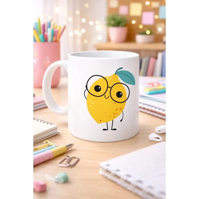 BUĞZ Sevimli Limon Tasarımlı Porselen Kupa MODEL 121 – Gözlüklü Tatlı Limon Figürlü Kahve & Çay Kupası