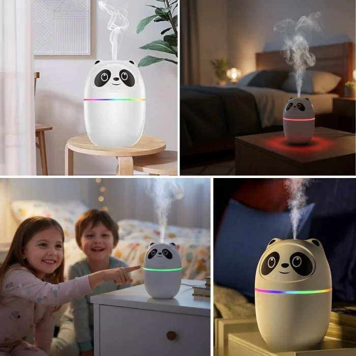 BUĞZ Sevimli Panda Figürlü Hava Nemlendirici – Ultrasonik Soğuk Buhar Makinesi, LED Işıklı Masaüstü Oda Nemlendirici