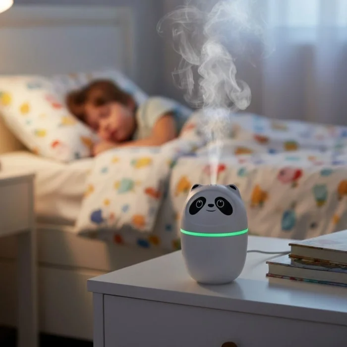 BUĞZ Sevimli Panda Figürlü Hava Nemlendirici – Ultrasonik Soğuk Buhar Makinesi, LED Işıklı Masaüstü Oda Nemlendirici