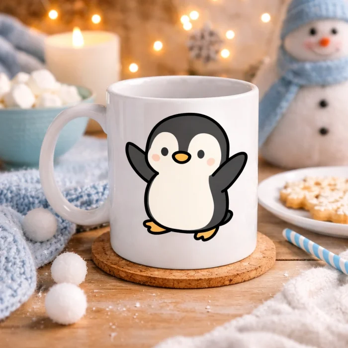 BUĞZ Sevimli Penguen Tasarımlı Porselen Kupa MODEL 106 – Kış Temalı Tatlı Kahve Kupası , Hediye Fikri