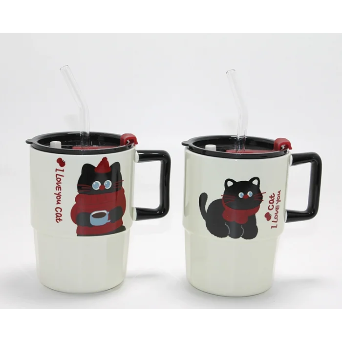 BUĞZ Sevimli Şaşkın Kedi Figürlü Pipetli Kapaklı Porselen Kupa Bardak