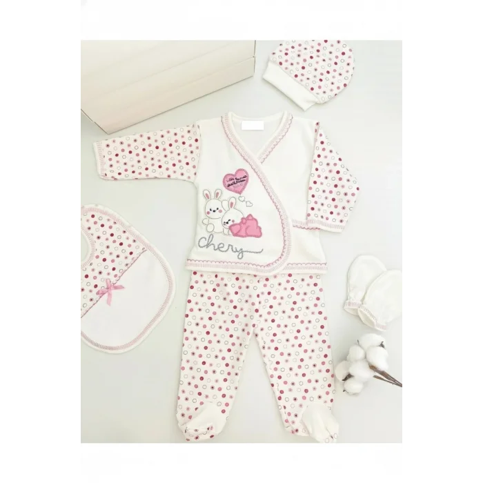 BUĞZ Sevimli Tavşan Figürlü Puantiyeli Bebek 5li Hastane Çıkışı Seti Pamuk Yenidoğan Zıbın Takımı