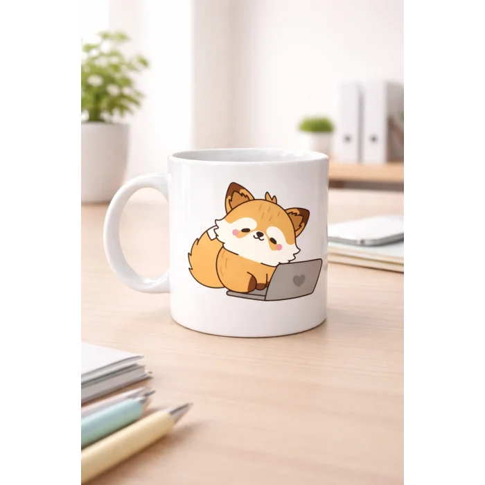 BUĞZ Sevimli Tilki Tasarımlı Porselen Kupa MODEL 115 – Laptoplu Tatlı Tilki Figürlü Ofis & Ev Kullanımı İçin Kahve Kupası