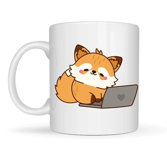 BUĞZ Sevimli Tilki Tasarımlı Porselen Kupa MODEL 115 – Laptoplu Tatlı Tilki Figürlü Ofis & Ev Kullanımı İçin Kahve Kupası