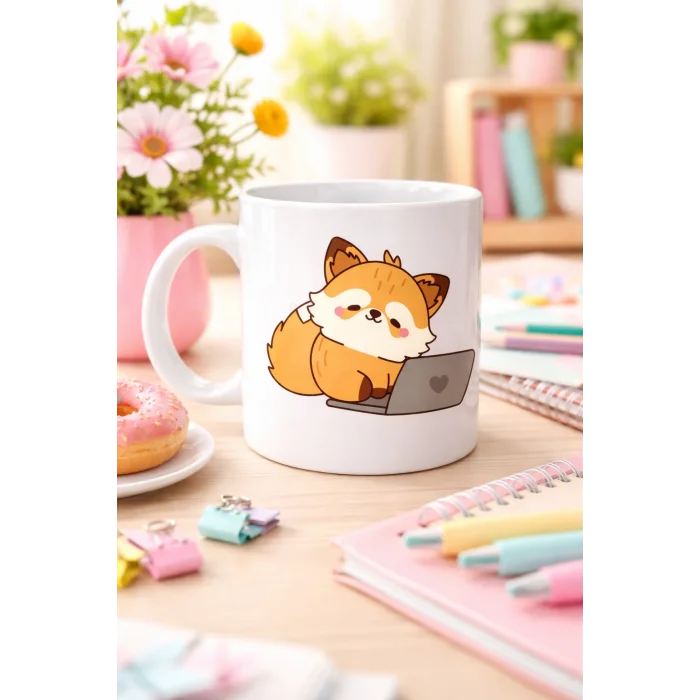 BUĞZ Sevimli Tilki Tasarımlı Porselen Kupa MODEL 115 – Laptoplu Tatlı Tilki Figürlü Ofis & Ev Kullanımı İçin Kahve Kupası