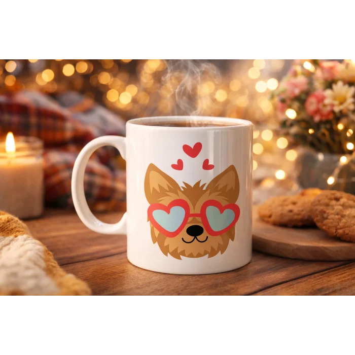 BUĞZ Sevimli Yorkshire Terrier Tasarımlı Porselen Kupa Model 49 – Kalpli Gözlüklü Köpek Desenli, Hediye Kupası