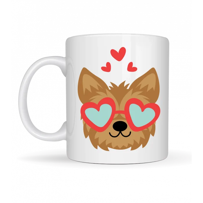 BUĞZ Sevimli Yorkshire Terrier Tasarımlı Porselen Kupa Model 49 – Kalpli Gözlüklü Köpek Desenli, Hediye Kupası