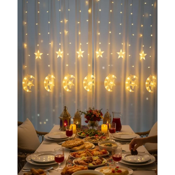 BUĞZ Sıcak Beyaz Ay Yıldız Işık Zinciri Parti Düğün Ramazan Dekoru