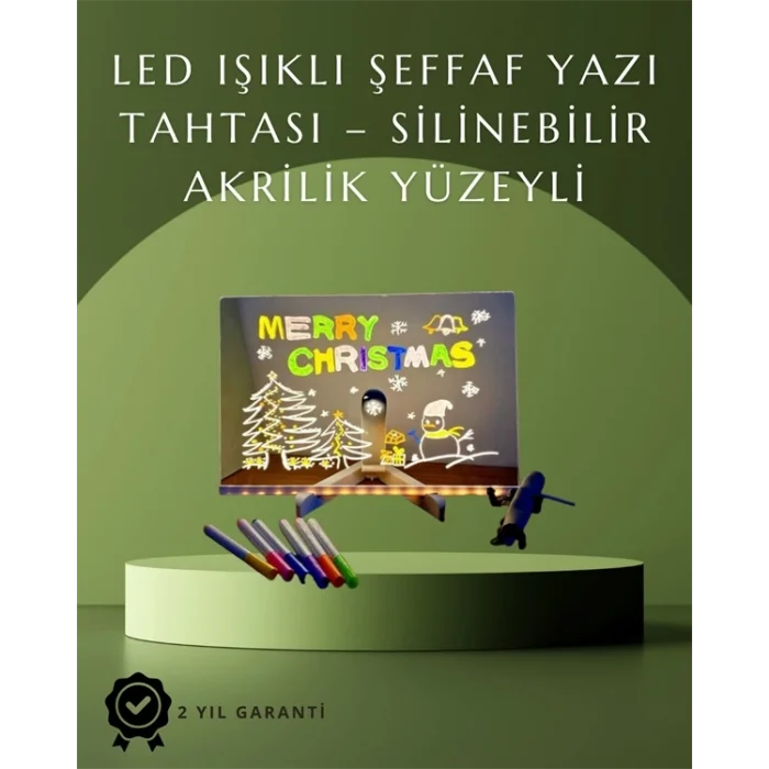  Şık ve Modern LED Pano – Neon Işıklı Silinebilir Akrilik Yazı Tahtası, 7 Renkli Kalem Dahil