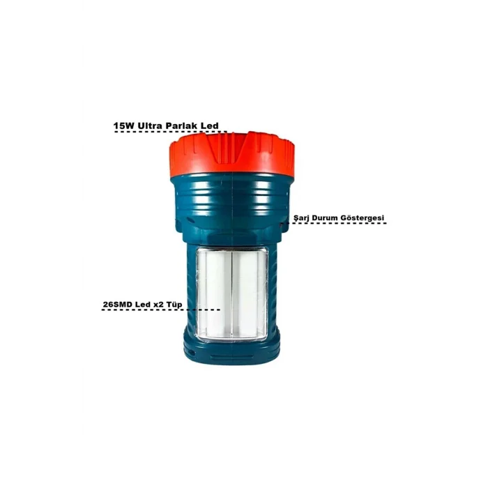 BUĞZ Silver Projektör 15w Led Şarjlı El Feneri Ve X2 Tüp 26smd Led Çift Yönlü