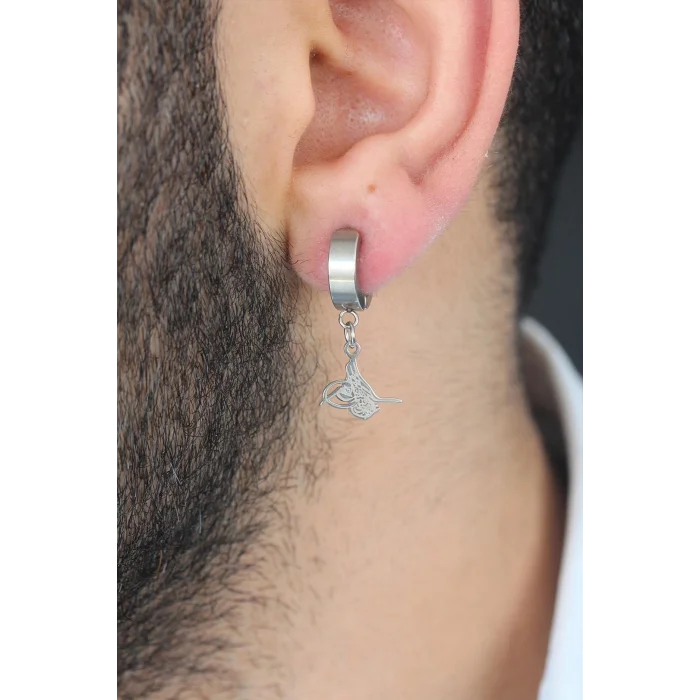 BUĞZ Silver Renk Kaplama Osmanlı Tuğra Figürlü Kıstırmalı Çelik Erkek Küpe - BUĞZ