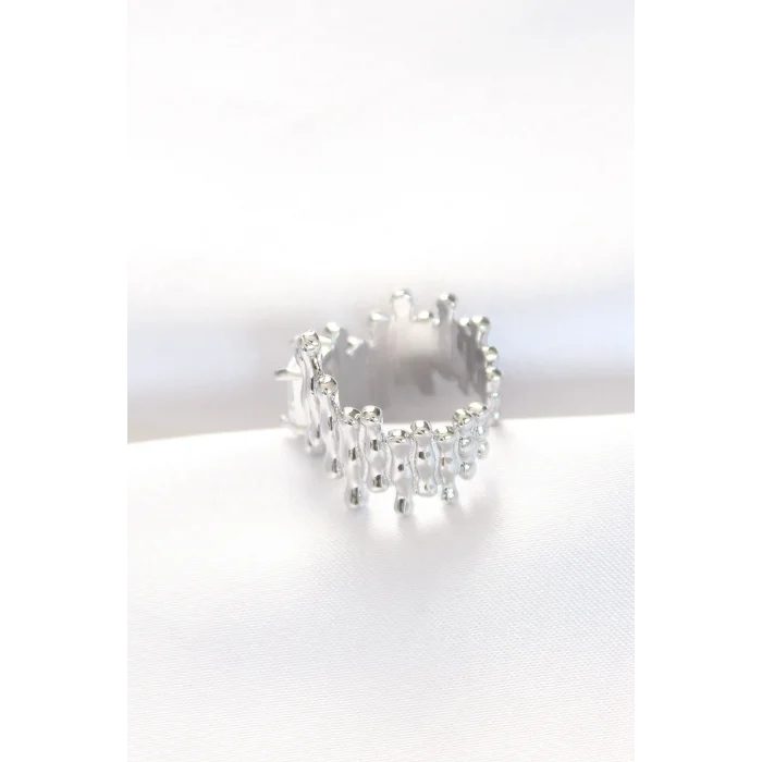 BUĞZ Silver Renk Tırtıklı Kalın Baget Taş Tasarım Ayarlanabilir Yüzük - Lisinya