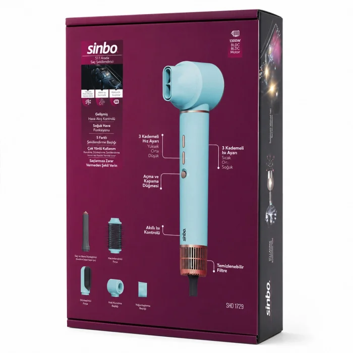 BUĞZ Sinbo Air Brush Saç Şekillendirme Cihazı - 5 Başlıklı - Mavi Renk