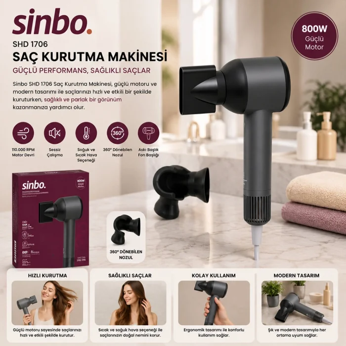 BUĞZ Sinbo Saç Kurutma Makinesi - Gri Renk - Sessiz Çalışma Özelliği