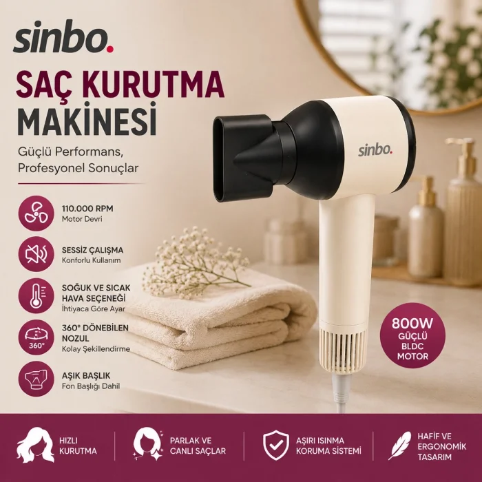 BUĞZ Sinbo Saç Kurutma Makinesi - Pembe Renk - 3 Kademeli Hız ve Sıcaklık