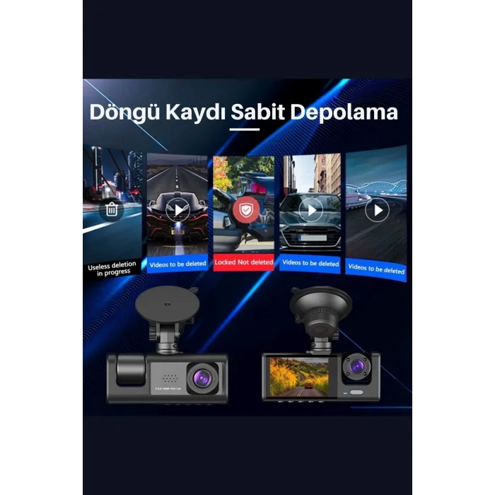  Siyah 1080p Araç içi 3 Kameralı Lcd Ekranlı Gece Görüşlü , G-sensör , Geri Görüş Kamera