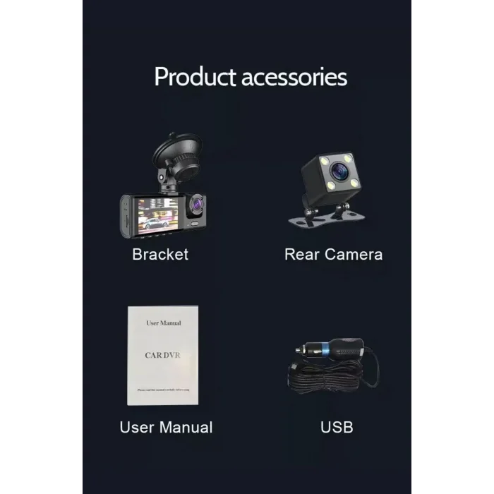  Siyah 1080p Araç içi 3 Kameralı Lcd Ekranlı Gece Görüşlü , G-sensör , Geri Görüş Kamera