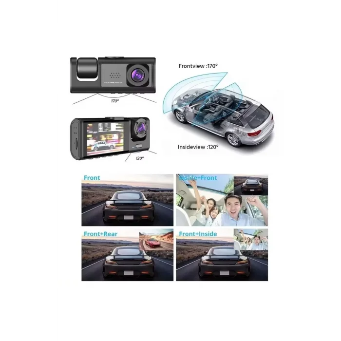  Siyah 1080p Araç içi 3 Kameralı Lcd Ekranlı Gece Görüşlü , G-sensör , Geri Görüş Kamera