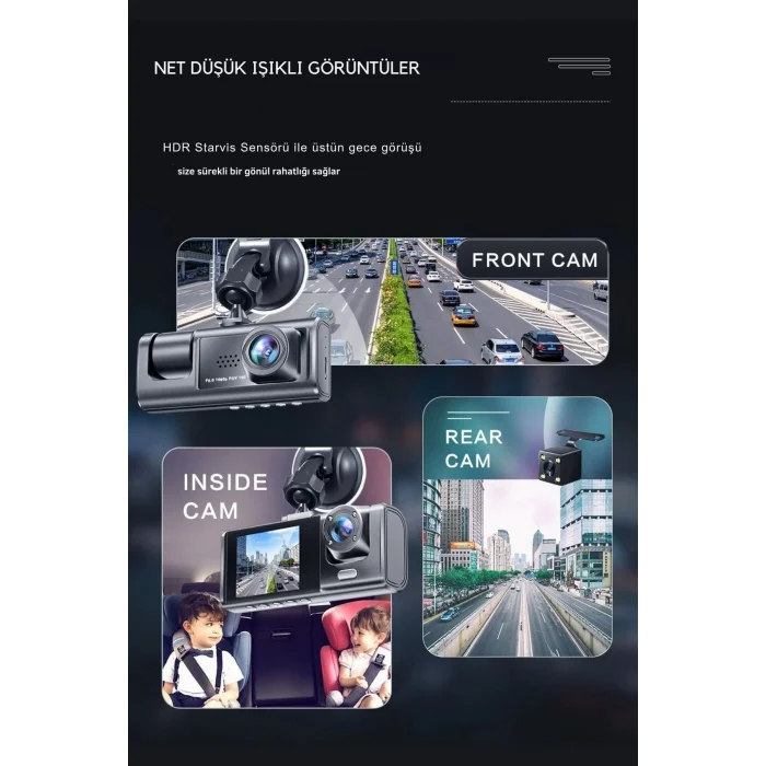  Siyah 1080p Araç içi 3 Kameralı Lcd Ekranlı Gece Görüşlü , G-sensör , Geri Görüş Kamera