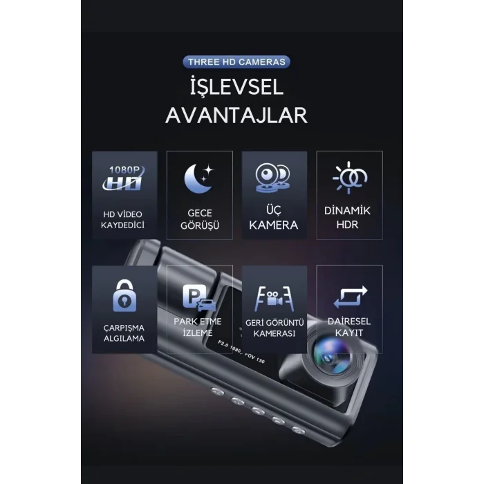  Siyah 1080p Araç içi 3 Kameralı Lcd Ekranlı Gece Görüşlü , G-sensör , Geri Görüş Kamera