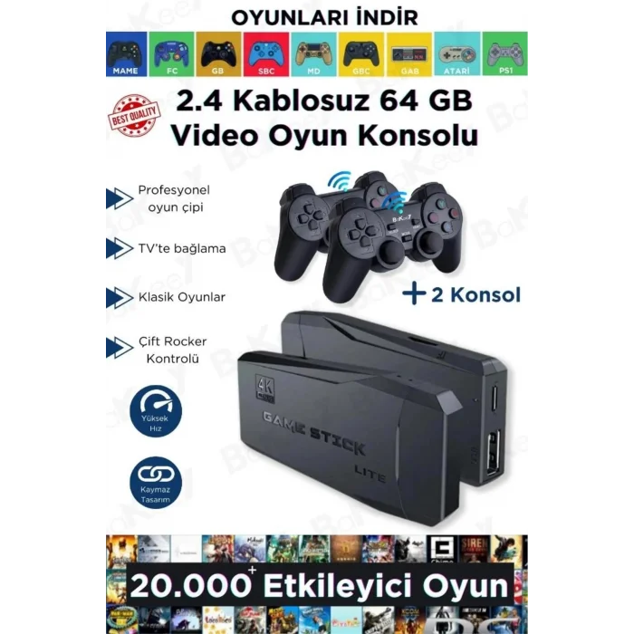 BUĞZ Siyah 2.4g kablosuz çift kollu retro oyun konsolu oyunlu game stick bluetooth yok
