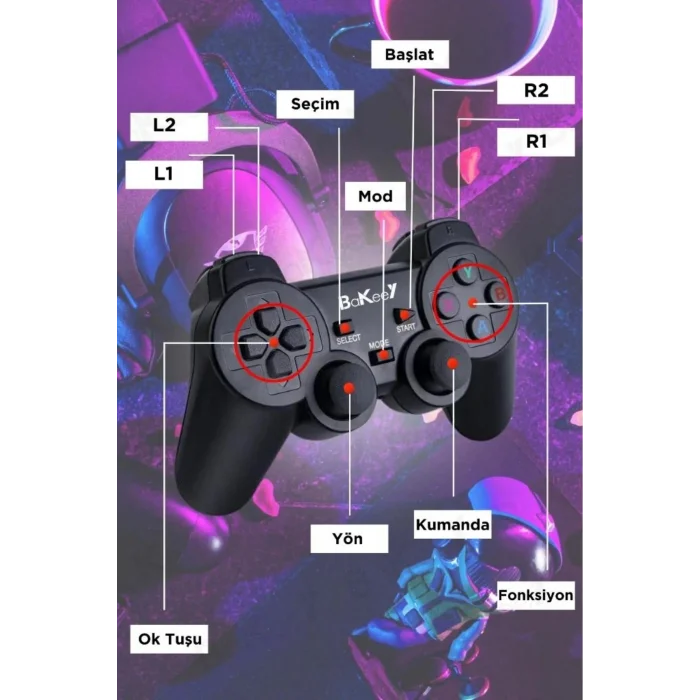 BUĞZ Siyah 2.4g kablosuz çift kollu retro oyun konsolu oyunlu game stick bluetooth yok