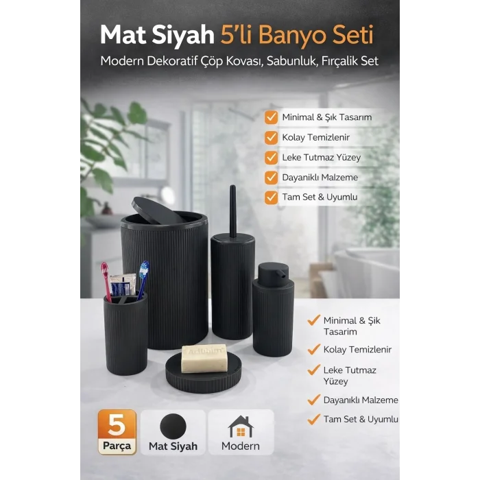 BUĞZ Siyah Çizgili 5 Parça Banyo Seti Çöp Kovası Tuvalet Fırçası Sabunluk Diş Fırçalık