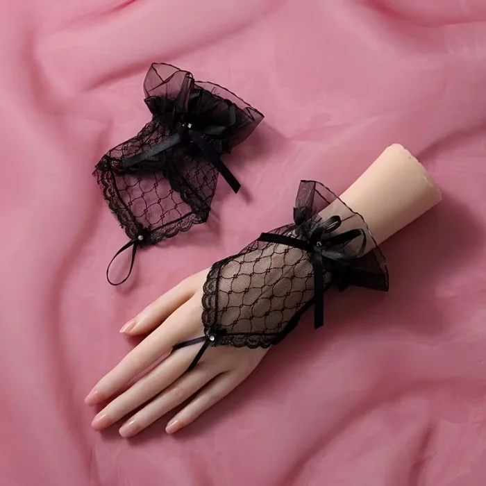 BUĞZ Siyah Dantel Fiyonklu Parmak Halkalı Kadın Eldiveni