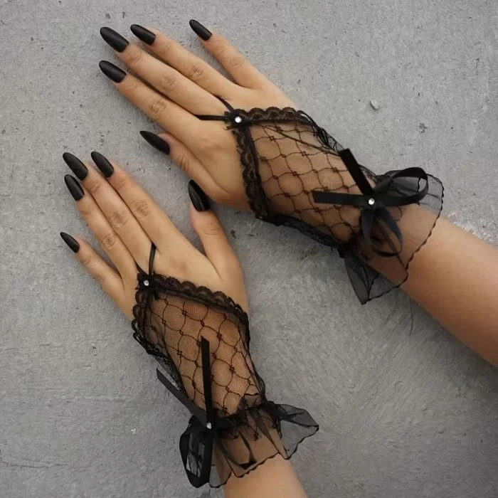 BUĞZ Siyah Dantel Fiyonklu Parmak Halkalı Kadın Eldiveni