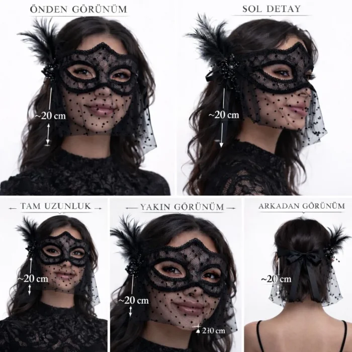 BUĞZ Siyah Dantel Tüllü Peçeli Parti Maskesi - Tüylü İnci Detaylı