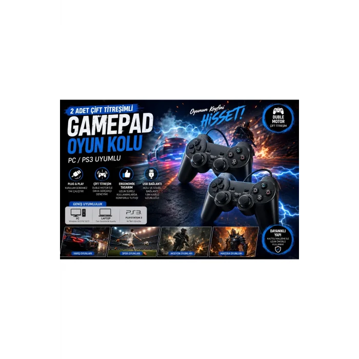 BUĞZ Siyah kablolu çift motorlu titreşimli joystick PC uyumlu USB bağlantılı 1 yıl garantili