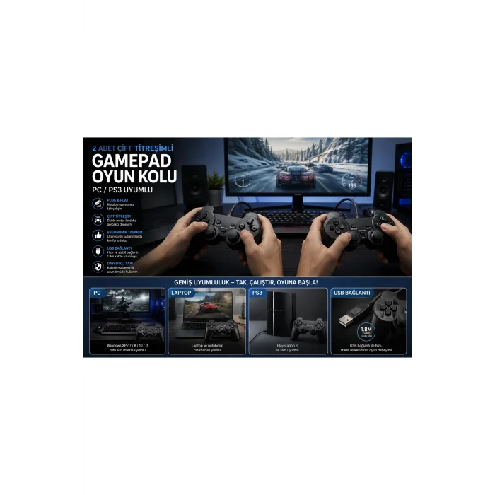 BUĞZ Siyah kablolu çift motorlu titreşimli joystick PC uyumlu USB bağlantılı 1 yıl garantili