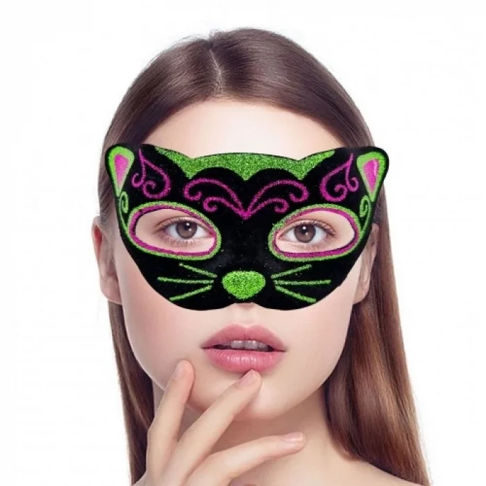  Siyah Kadife İşlemeli Kedi Maskesi
