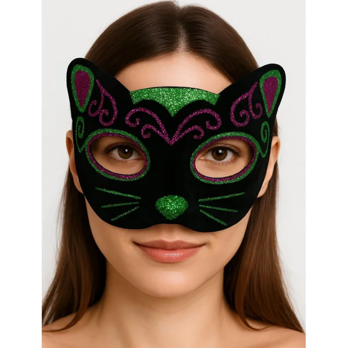 BUĞZ Siyah Kadife Kaplama Üzeri Pembe Yeşil Sim İşlemeli Kedi Maskesi 20x13 cm