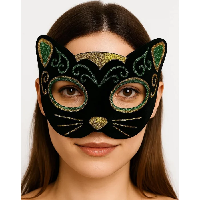 BUĞZ Siyah Kadife Kaplama Üzeri Sarı Yeşil Sim İşlemeli Kedi Maskesi 20x13 cm