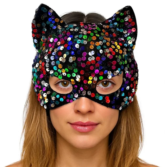 BUĞZ Siyah Kadife Kumaş Üzerine Rengarenk Payetli Pullu Parti Maskesi 16x14 cm