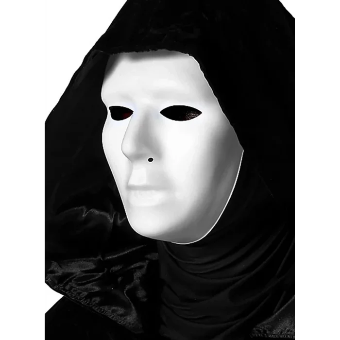 BUĞZ Siyah Kapüşonlu 120 Cm Pelerin Ve Beyaz Boyanabilir Tam Yüz Maske