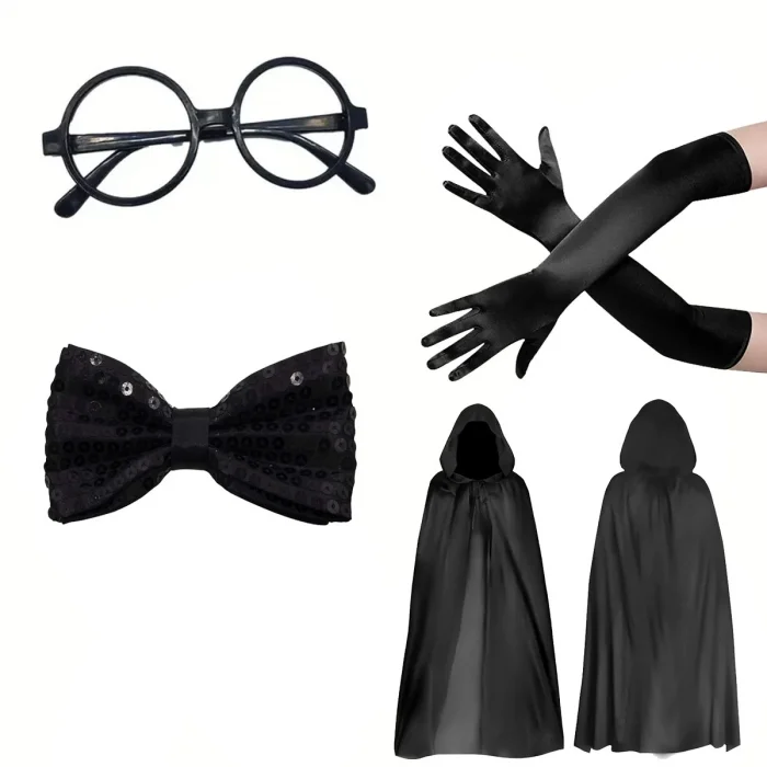 BUĞZ Siyah Kapüşonlu Büyücü Ve Cadı Pelerin Kostüm Seti (4 Parça)