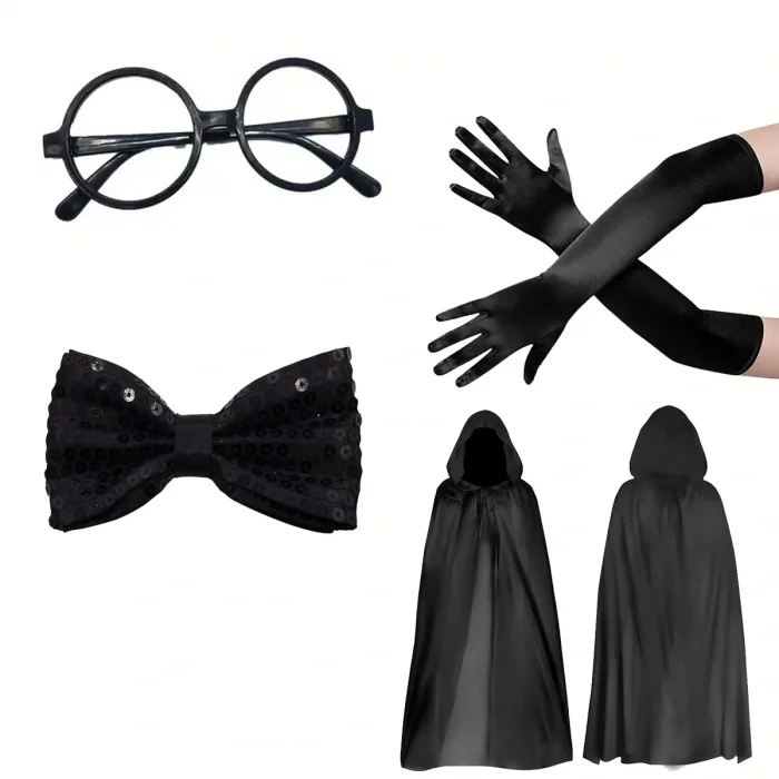 BUĞZ Siyah Kapüşonlu Büyücü ve Cadı Pelerin Kostüm Seti (4 Parça)