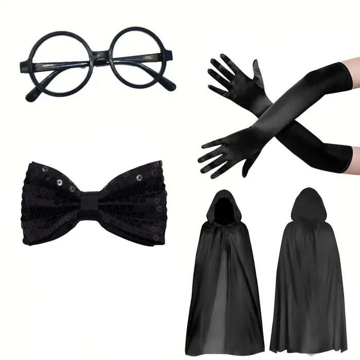 BUĞZ Siyah Kapüşonlu Büyücü Ve Cadı Pelerin Kostüm Seti (4 Parça)