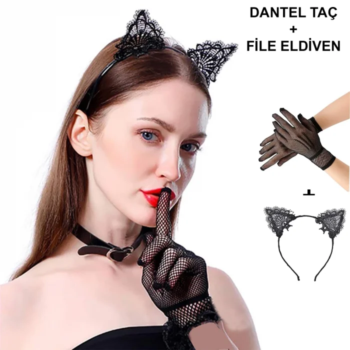  Siyah Kedi Dantel Taç + Eldiven Seti – Parti, Dans ve Kostüm Kombini