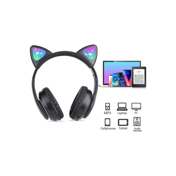 BUĞZ Siyah Kedi Kulağı Tasarımlı Bluetooth Kulaklık - Çocuklar İçin Eğlenceli ve Dayanıklı