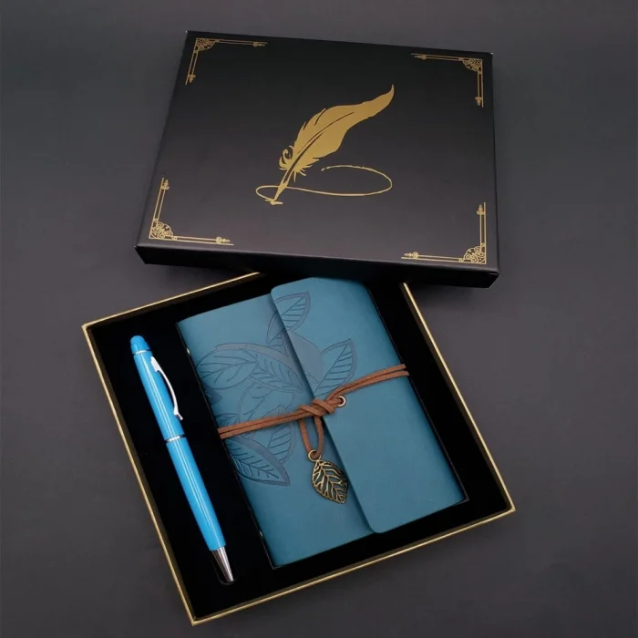  Siyah Kutulu Yaprak Desenli Mavi Deri Defter Ve Kalem Seti