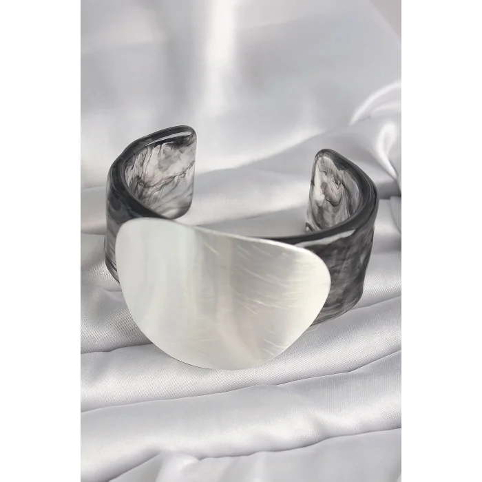 BUĞZ Siyah Mermer Desen Akrilik Pilastik Gümüş Plaka Model Vintage Kadın Bilezik