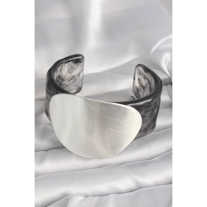 BUĞZ Siyah Mermer Desen Akrilik Pilastik Gümüş Plaka Model Vintage Kadın Bilezik - Lisinya