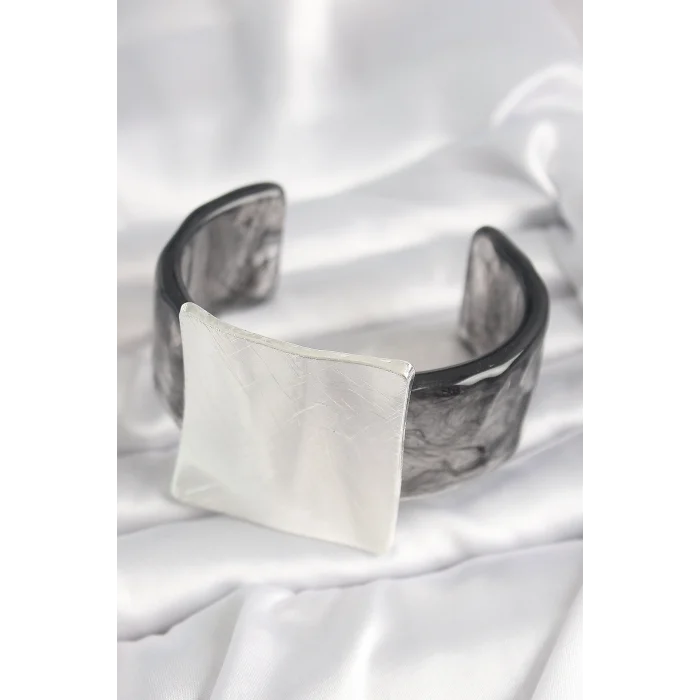 BUĞZ Siyah Mermer Desen Akrilik Plastik Gümüş Kare Plaka Model Vintage Kadın Bilezik - Lisinya