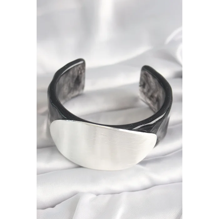 BUĞZ Siyah Mermer Desen Akrilik Plastik Gümüş Oval Plaka Model Vintage Kadın Bilezik - Lisinya