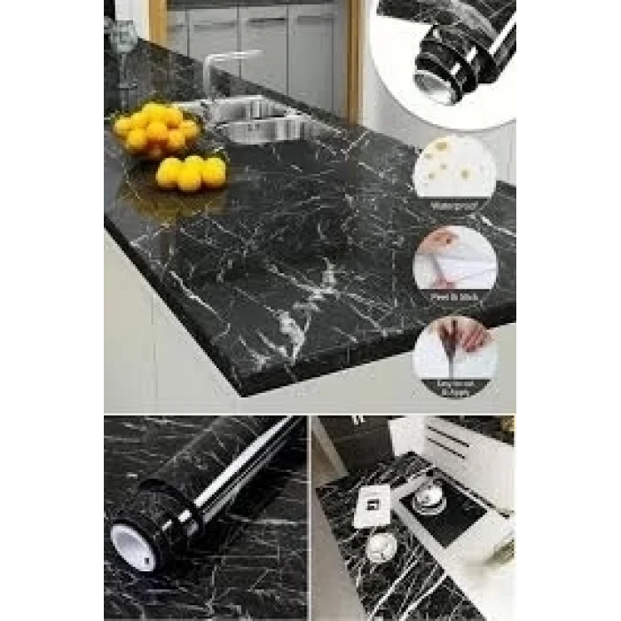 BUĞZ Siyah Mermer Desenli Yapışkanlı Tezgah Folyosu (3 Mt.x 60 Cm)