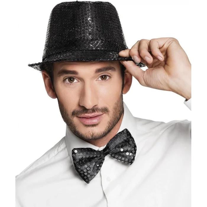 BUĞZ Siyah Payetli Şapka ve Papyon Seti – Parıltılı Yetişkin Kostüm Seti
