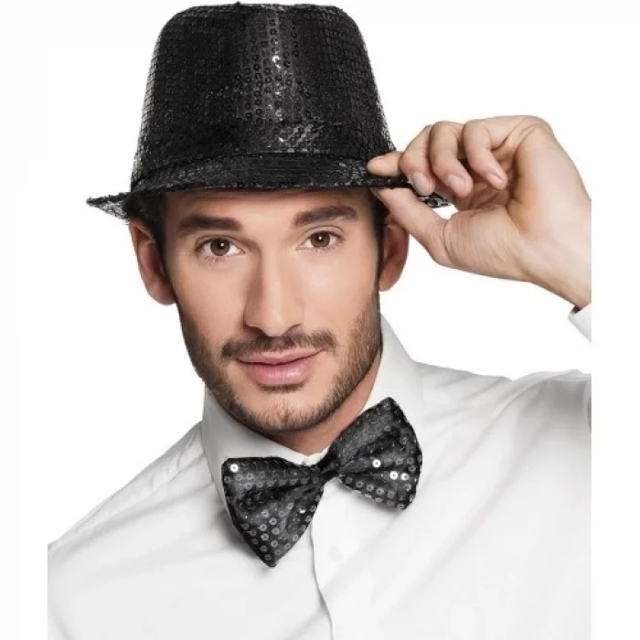  Siyah Payetli Şapka ve Papyon Seti – Parıltılı Yetişkin Kostüm Seti